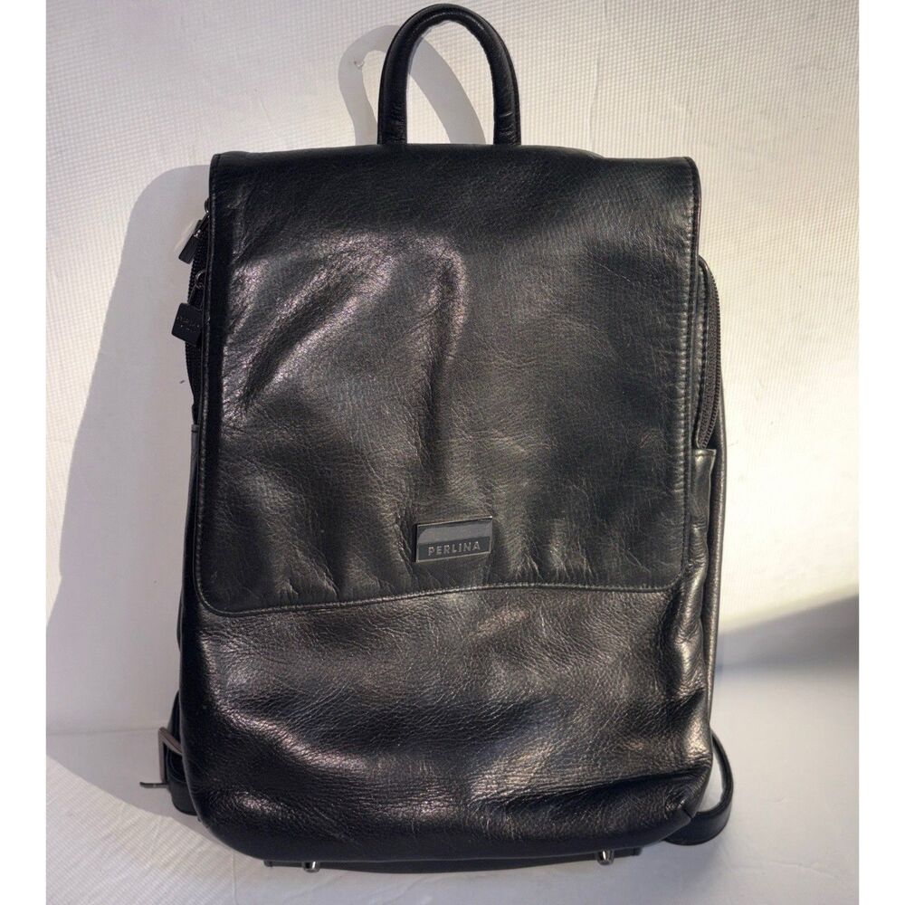 PERLINA NY Black Leather Backpack Card Holder Pockets Zipper Vintage Y2K Soft